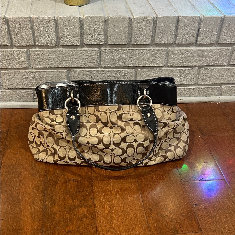 Coach Beige Signature Canvas Tote with Black Trim